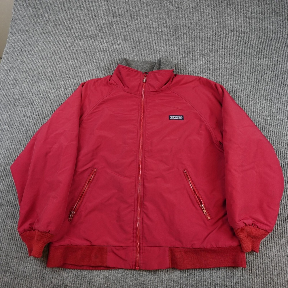 Vintage Lands End Jacket Mens Large Red Nylon Fleece Lined Bomber USA Outdoor